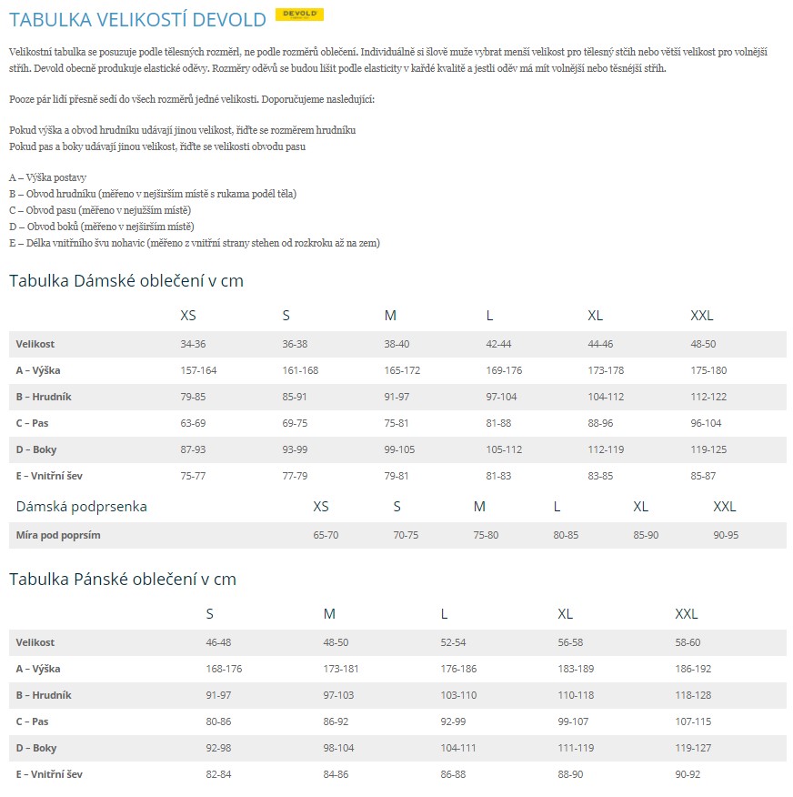 Devold velikostni tabulka 1z2